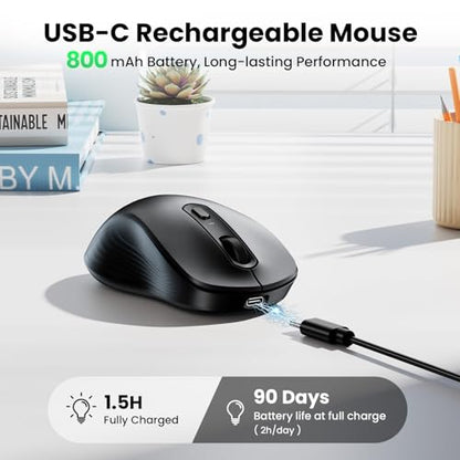 TECKNET Rechargeable Bluetooth Mouse, [ USB + BT5.0 + BT3.0 ] Wireless Mouse, Ergonomic Design, Silent Click, 6-Level 4800 DPI Wireless Mice, 3-Device Switching for Laptop, Computer, MacBook（Black） - color: Black