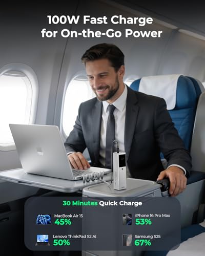 TALIX Fast Charging Power Bank Bundle, 125W 12800mAh Laptop Battery Pack with 240W USB-C Retractable Cable, 3-Port PD Charger for MacBook iPhone 17 Samsung Lenovo Travel