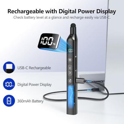 N21 Bluetooth Presentation Clicker for PowerPoint with Retractable Pointer | ①Laser Pointer②Telescopic touch pen③Countdown timer, vibration alert ④Customizable Button ⑤Rechargeable;battery level display - color: Black - Red Pointer