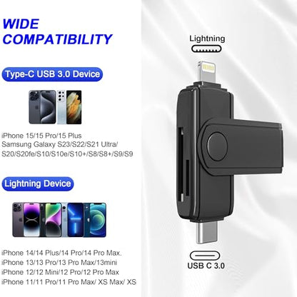 USB C Lightning SD Card Reader for iPhone 15 iPad Mac - 2 in 1 Micro SD/SD Card Adapter(Read Two Cards simultaneously), Portable Digital Camera Adapter Memory Card Reader, Plug and Play