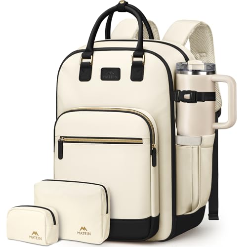 MATEIN HER Underseat Backpack with Removable Shoe Compartment for Frontier | Personal Item Bag, 18×14×8 inch, Flight Approved, Overhead Bin, Carry on Luggage with Padded 15.6" Laptop Sleeve, 3 Set - color: Beige