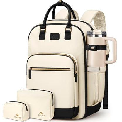 MATEIN HER Underseat Backpack with Removable Shoe Compartment for Frontier | Personal Item Bag, 18×14×8 inch, Flight Approved, Overhead Bin, Carry on Luggage with Padded 15.6" Laptop Sleeve, 3 Set - color: Beige