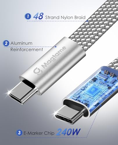 Magnetic USB C to USB C Cable, 240W/5A Coiled Fast Charging USB Type C Charger Cable Braided for iPhone 15/15 Plus/15 Pro/15 Pro Max, MacOS Pro, Pad Pro, Samsung Galaxy S24/S23/S22 Ultra 5FT | Self Winding USB Type C Charger Cable Braided for iPhone 17 16