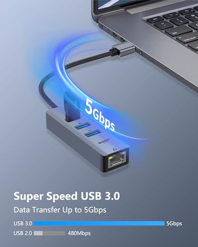 USB to Ethernet Adapter for Laptop, 4-in-1 USB3.0 to RJ45 Hub, 3*USB 3.0, Gigabit 10/100/1000Mbps, Support for MacBook, Surface Pro, Windows, Linux, Chromebook and More