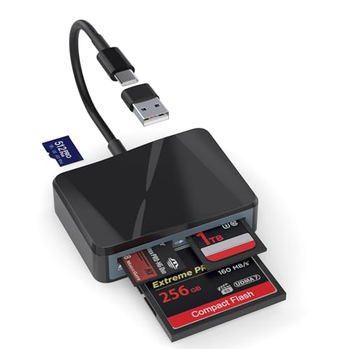 SD Card Reader, 4 in 1 USB C to SD/TF/CF/MS Card Reader with USB to USB C Adapter Memroy Card Reader for iPhone 17/16/15 Pro Max iPad Pro MacBook Pro/Air iMac M4/M3/M2 Android Phone/Tablet PC (Black) - color: Black