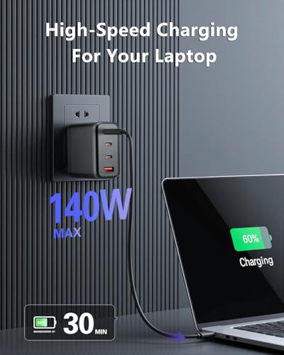 140W USB C Charger, 4-Port Foldable Compact Fast Laptop Charger Power Adapter, Advanced GaN Wall Charger, Compatible for MacBook Pro/Air, iPad Pro, iPhone 16 Pro, Galaxy S25/S24, Steam Deck, and More - color: Black