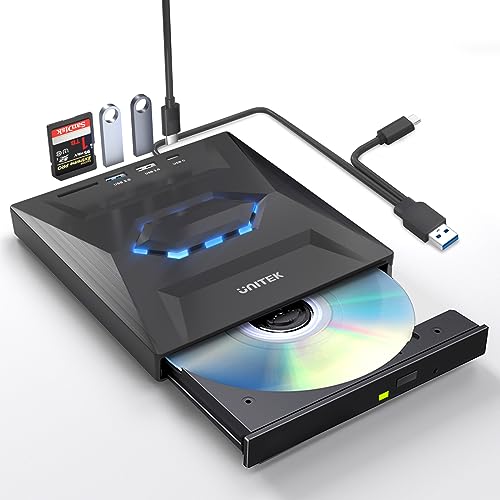 Unitek External CD DVD Drive, USB 3.0 Type-C Portable CD/DVD +/-RW Drive/DVD Player with SD Card Reader USB 3.0 USB C Hub CD ROM Burner Compatible for Laptop Desktop PC Mac Windows 11/10/8/7 Linux - color: 5-IN-1 BLACK