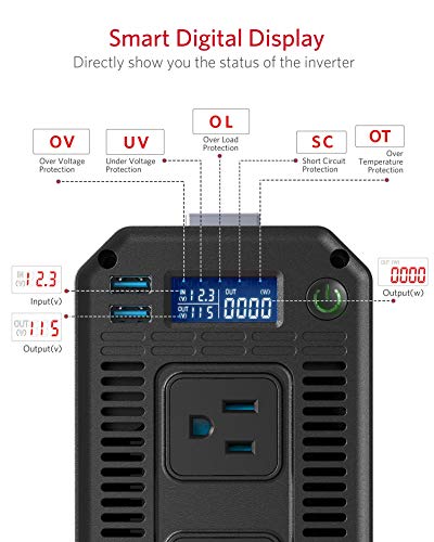 BESTEK 1200 Watt Power Inverter, 12V DC to 110V AC Car Inverter with LCD Display, 2 AC Outlets, 5V/2.4A USB Port, Cables Included, Car Power Converter for Truck, Home, Vehicles, Laptop - color: Grey