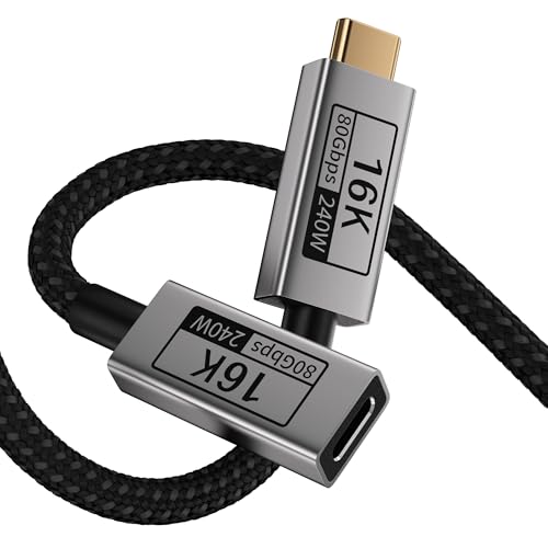 Short USB-C Extension Cable 2FT Compatible with Thunderbolt 5,80Gbps Data & 240W Fast Charging,16K/8K Video for Display,Type C Male to Female Extender for Thunderbolt 4/3 /SSD/Hub/Laptop - size: 2FT
