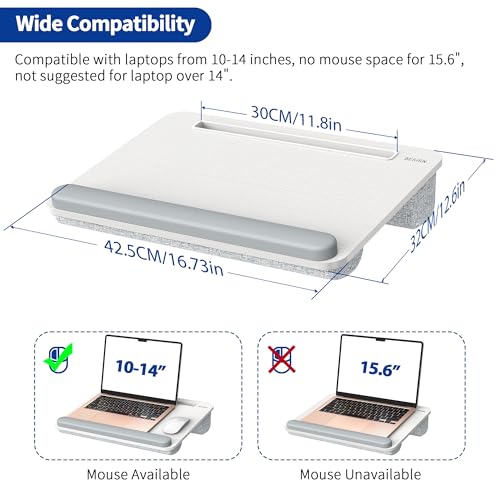 Besign LT08 Laptop Stand, Portable Lap Desk with Pillow Cushion, Fits up to 14 inch Laptop, with Anti-Slip Strip for Desk, Sofa & Bed, White and Gray - color: White and Gray