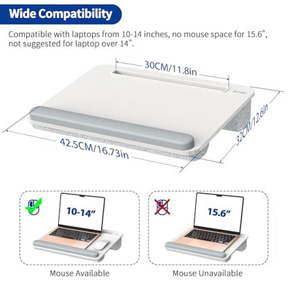 Besign LT08 Laptop Stand, Portable Lap Desk with Pillow Cushion, Fits up to 14 inch Laptop, with Anti-Slip Strip for Desk, Sofa & Bed, White and Gray - color: White and Gray