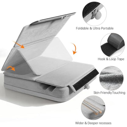 Tablet Pillow Stand with Storage, Foldable iPad Holder for Lep, Bed, Sofa, and Desk - Soft Pad Dock with Pocket and Stylus Mount Compatible with 4-13" iPad Pro/Air/Mini, Galaxy Tab, Kindle - color: Gray