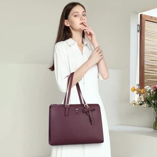Keyli 4pc Sets Laptop Bag for Women Large Leather Laptop Briefcase with USB Charging Port Computer Shoulder tote Bags Purse - color: Wine Red