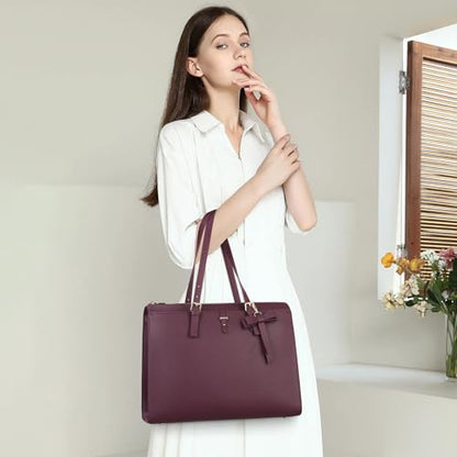 Keyli 4pc Sets Laptop Bag for Women Large Leather Laptop Briefcase with USB Charging Port Computer Shoulder tote Bags Purse - color: Wine Red