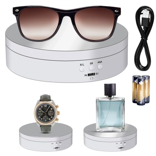 Hicarer 360 Rotating Display Stand Turntable USB Powered,White,Mirror | Motorized Turntable for Photography Product Shows, Electric Lazy Susan with Speed Control, USB Power Cable Included - color: White, style: Mirror