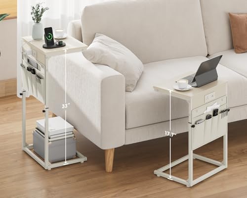 Vagusicc C-Shaped End Table with Charging Station, Small Side Table for Couch, 33" Tall C Table Adjustable Height Side Table, Couch Tables that Slide Under, Sofa Table TV Tray for Living Room, Cream - color: 1pc Cream White
