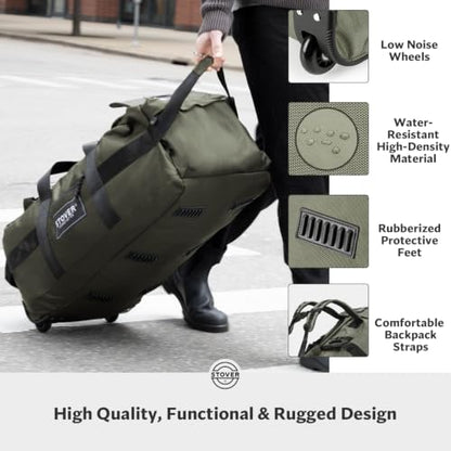 45/80/100L Rolling Duffel Bag with Wheels, X-Large Durable Travel Duffle + Toiletry Bag, Heavy Duty, Packable with Shoulder Straps- Use as Luggage or Backpack, Men/Women (Green) - color: Green