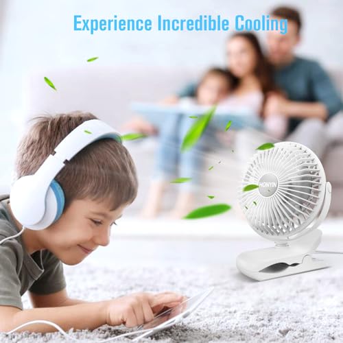HONYIN 720° Rotation Small Desk, Hang & Clip on Fan by USB Plug In | Sturdy Clamp, 3 Speeds, Quiet Little Personal Cooling Fan for Bedroom Office Desktop Treadmill - color: White