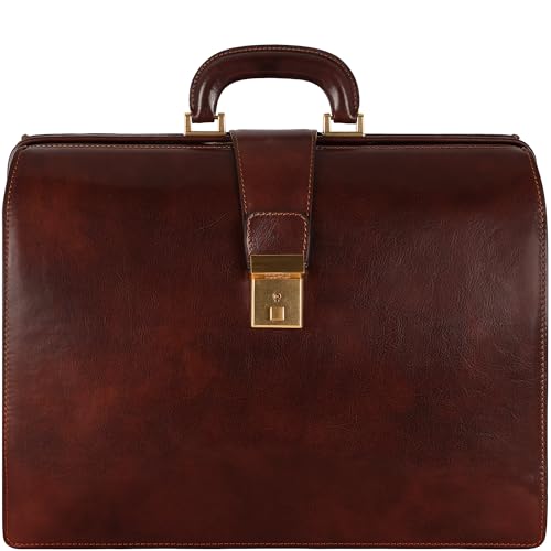 Time Resistance Leather Lawyer Briefcase - Italian Handmade Laptop Briefcase for Men and Women - Attache Case - Doctor Bag - color: Brown