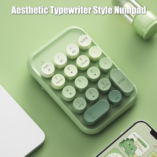 Typewriter Style Number Keypad Wireless 2.4G/Bluetooth/USB-C Wired | Rechargeable Numeric Pad Linear Membrane Switch 18-Key NKRO Retro Round Keycaps Portable for Multi-Device, Matcha Green