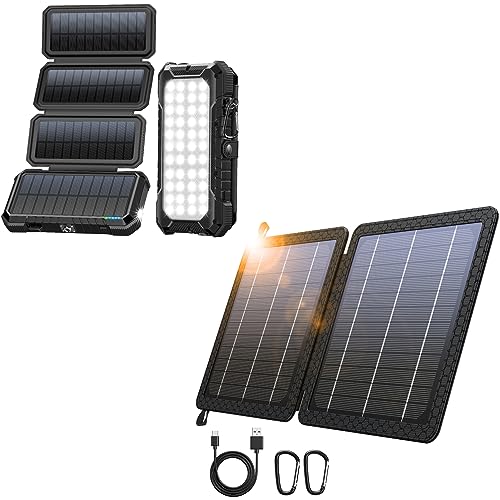 BLAVOR 20,000mAh PD 18W Solar Charger Power Bank Foldable-Black Plus 10W Portable Solar Charger(5V/2A Max)