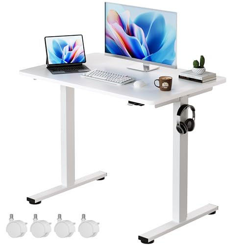 Okin Electric Standing Desk, 40 x 24 Inches Whole Piece Height Adjustable Desk, White Sit to Stand Desks Computer Workstation with Wheels for Home Office - color: White+casters, size: 40 Inch