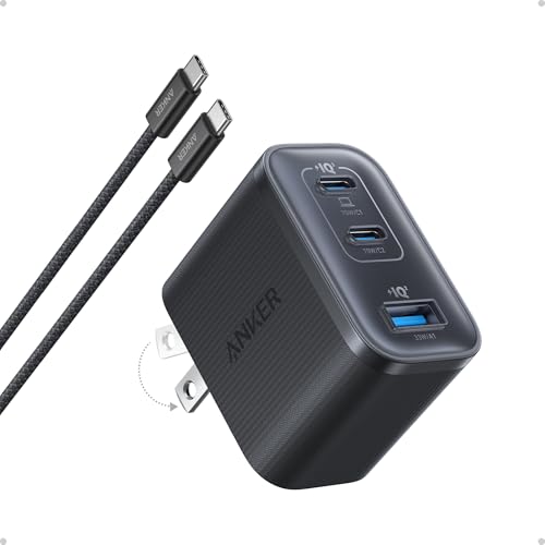 Anker Nano 70W Max 3-Port Fast Charger USB C, Type C Charger Fast Charging | Compact and Stylish USB C Charger Block, for iPhone 17/17 Pro Max/16 Series, MacBook Pro, iPad (Black, Cable Included) - color: Black