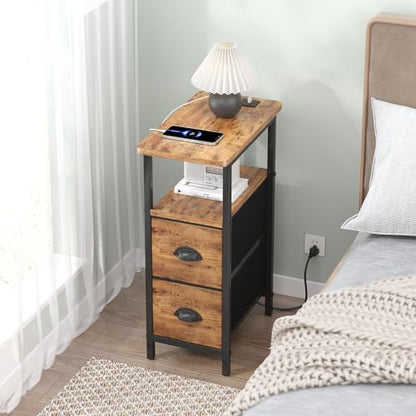 sthmec Narrow End Table with Charging Station, Narrow Side Table with 2 Fabric Drawers, Slim Nightstand, Skinny Bedside Table, Small Side Table for Small Spaces, Living Room, Bedroom, Rustic Brown - color: Rustic Brown, size: 7.87'' W x 15.75'' D x 24.37'