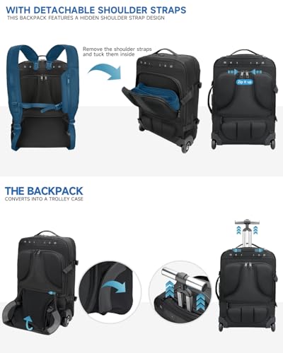 Backpack with wheels,Rolling laptop backpack with 2 Packing Cubes,Water-Resistant,Carry-On Luggage Suitcase for Men Adults to Travel, Commuting,Black - color: Black-one