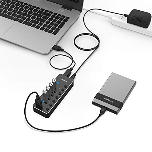 USB 3.0 Hub, RSHTECH 7 Port Powered USB Hub Expander Aluminum USB 3.0 Data Port hub with Universal 5V AC Adapter and Individual On/Off Switches USB Splitter for Laptop and PC(Black) (Pack of 2) - size: 518-2A (Pack of 2)