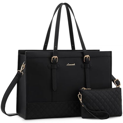 LOVEVOOK Women's 15.6inch Laptop Tote, PU Leather Computer Work Bag, office - color: Black, size: 15.6 inch
