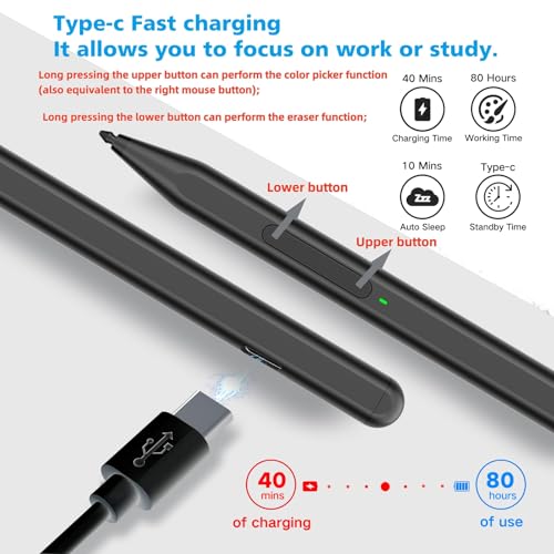 Stylus Pen for Microsoft Surface Pro11/10/9/8/X/7+/6/5/4, Surface Go 4/3/2/1, Surface Laptop1-5/Studio/Book 3/2/1 with Eraser Side Button,Palm Rejection,Tilt Function,1024 Pressure - color: Black