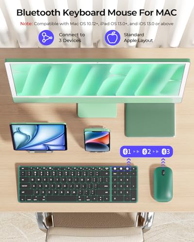 seenda SKM64-2 Bluetooth Wireless Keyboard Mouse Combo for Mac MacBook iPad | Triple Bluetooth for 3-Device Switching, Silent, Rechargeable, Compact Slim Combo for MacBook Pro/Air iPhone, Black Green - color: Black Green