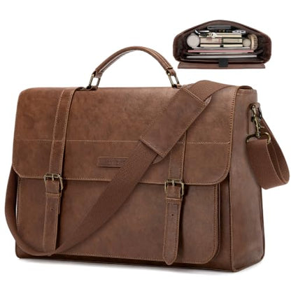 RAINSMORE Messenger Bag for Men 17” PU Laptop Flap Retro Briefcase Waterproof Satchel Bag for Office Business Travel College - color: Brown