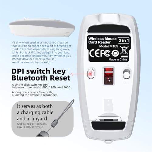 FMOUSE Portable 2-in-1 Wireless Bluetooth Mouse & Micro SD Card Reader | 8GB Card Included | USB-C Rechargeable | 3.07×1.49×0.87in | Compatible with Laptop Mac iPad Tablet | Remote Workers | Silver - color: Silver / With 8GB TF Card