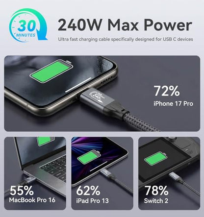 6FT USB C to USB C 3.2 Gen 2 X 2 Video Cable for Monitor, 240 Watt Fast Charging Cable, 20Gbps High Speed Data Transfer Cable, 4k@60Hz Full Function Display Cable for iPhone 17, Laptop, SSD, Hub, eGPU - color: 6FT