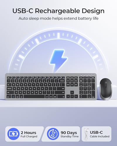 seenda Rechargeable Wireless Keyboard and Mouse Combo, Gray & Black | Quiet, slim full-size keyboard with numpad, 2.4GHz USB receiver, USB-C charging, 3-level DPI mouse for Windows PCs/laptops - color: Gray&Black