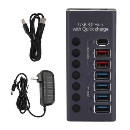 Powered USB 3.0 Hub, Plug and Play 100-240V Individual Switches 5Gbps 7 Ports USB Hub Protector for Laptop (US Plug 100‑240V)