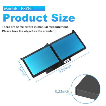 60Wh F3YGT Battery Latitude 7480 Battery Replacement Latitude 7490 Battery | for Dell Latitude 12 7000 7280 7290/13 7000 7380 7390 P29S002/14 7000 7480 7490 P28S P73G Series DM3WC 0DM3WC DM6WC 7.6V - size: 9.28*4*0.23inch F3YGT