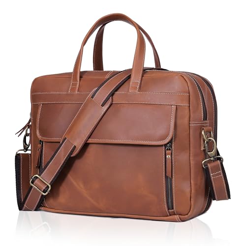 Full Grain italian Leather Briefcase for Men Top Choice Gifts Handcrafted Laptop Bag with Multiple Compartments - color: Tan, size: 18 inch
