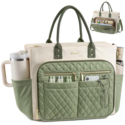LOVEVOOK Tote Bag for Women, Teacher Nurse Work Laptop Bag, Quilted Bible Computer Shoulder Bag for Business Travel College - color: Light Green-beige-olive Green, size: 15.6 Inch