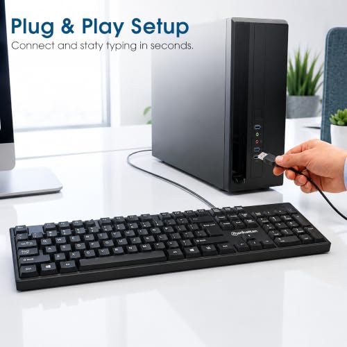 Manhattan Wired Computer Keyboard – Basic Black Keyboard - with 4.5ft USB-A Cable, 104-keys, Foldable Stands - Compatible for Windows, PC, Laptop - 3 Yr Mfg Warranty – 179324 - color: Black