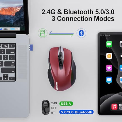 TECKNET Wireless Mouse (2.4G & BT5.0/3.0) Silent 4800 DPI Computer USB A & Bluetooth Mouse 6 Buttons, Wide Compatibility - Red - color: Red