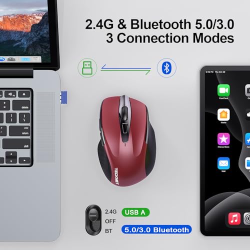 TECKNET Wireless Mouse, BT 5.0/2.4G, Rechargeable 6-DPI Silent, Red | Bluetooth 5.0/3.0 & USB A, 2-Device Easy Switch, Wide OS Compatible, 6 Buttons, 6-DPI up to 4800, Ergonomic for S to M Hands - color: Red