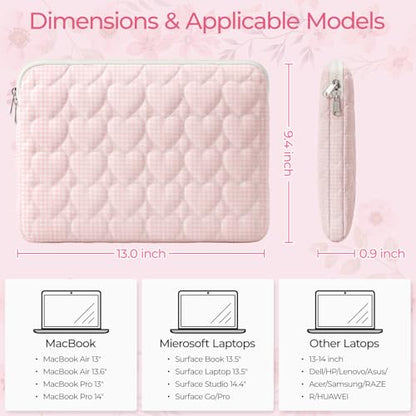 13-14 inch Cotton Quilted Laptop Sleeve for Women, Aesthetic Puffy Laptop Case Carrying Bag Compatible with MacBook Air/Pro 13/Pro 14, Soft Computer Liner Bag (Pink Gingham, 13.3inch) - color: Pink Gingham, size: 13.3 inch