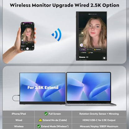 16" 2.5K Wireless Portable Monitor with Battery 8000mAh, 500 Nits HDR Display, 125% sRGB, USB-C / Mini HDMI External Travel Monitor, Auto Rotation, VESA Compatible for MacBook, iPhone, iPad, Windows - size: 16 inch
