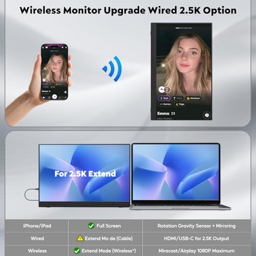 16" 2.5K Wireless Portable Monitor with Battery 8000mAh, 500 Nits HDR Display, 125% sRGB, USB-C / Mini HDMI External Travel Monitor, Auto Rotation, VESA Compatible for MacBook, iPhone, iPad, Windows - size: 16