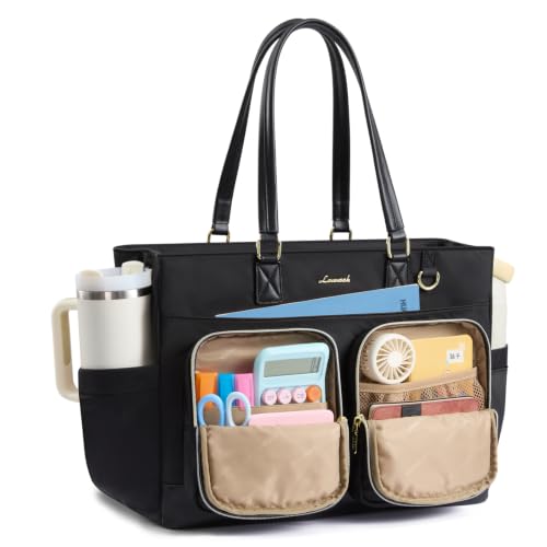 LOVEVOOK Laptop Work Tote Bag for Women with 40oz Cup Holder and Pockets | 40oz Large Cup Holder,Teacher Tote Bag with Laptop Compartment,Zippered Nurse bag for Work or Travel - color: Black, size: 17.3 inch