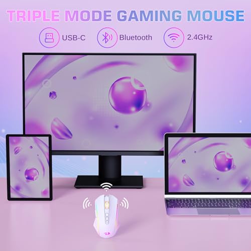 Redragon Wireless Gaming Mouse, Tri-Mode 2.4G/USB-C/Bluetooth Mouse Gaming, 12000 DPI, RGB Backlit, Fully Programmable, Rechargeable Wireless Computer Mouse for Laptop PC Mac, White - color: White, style: Bluetooth/ 2.4G/ Wired