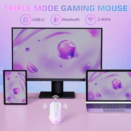 Redragon Wireless Gaming Mouse, Tri-Mode 2.4G/USB-C/Bluetooth Mouse Gaming, 12000 DPI, RGB Backlit, Fully Programmable, Rechargeable Wireless Computer Mouse for Laptop PC Mac, White - color: White, style: Bluetooth/ 2.4G/ Wired